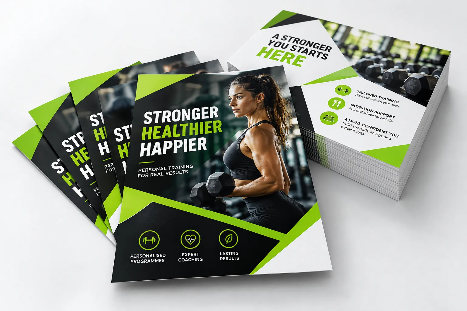 Stack of printed personal-training flyers with a green and black design